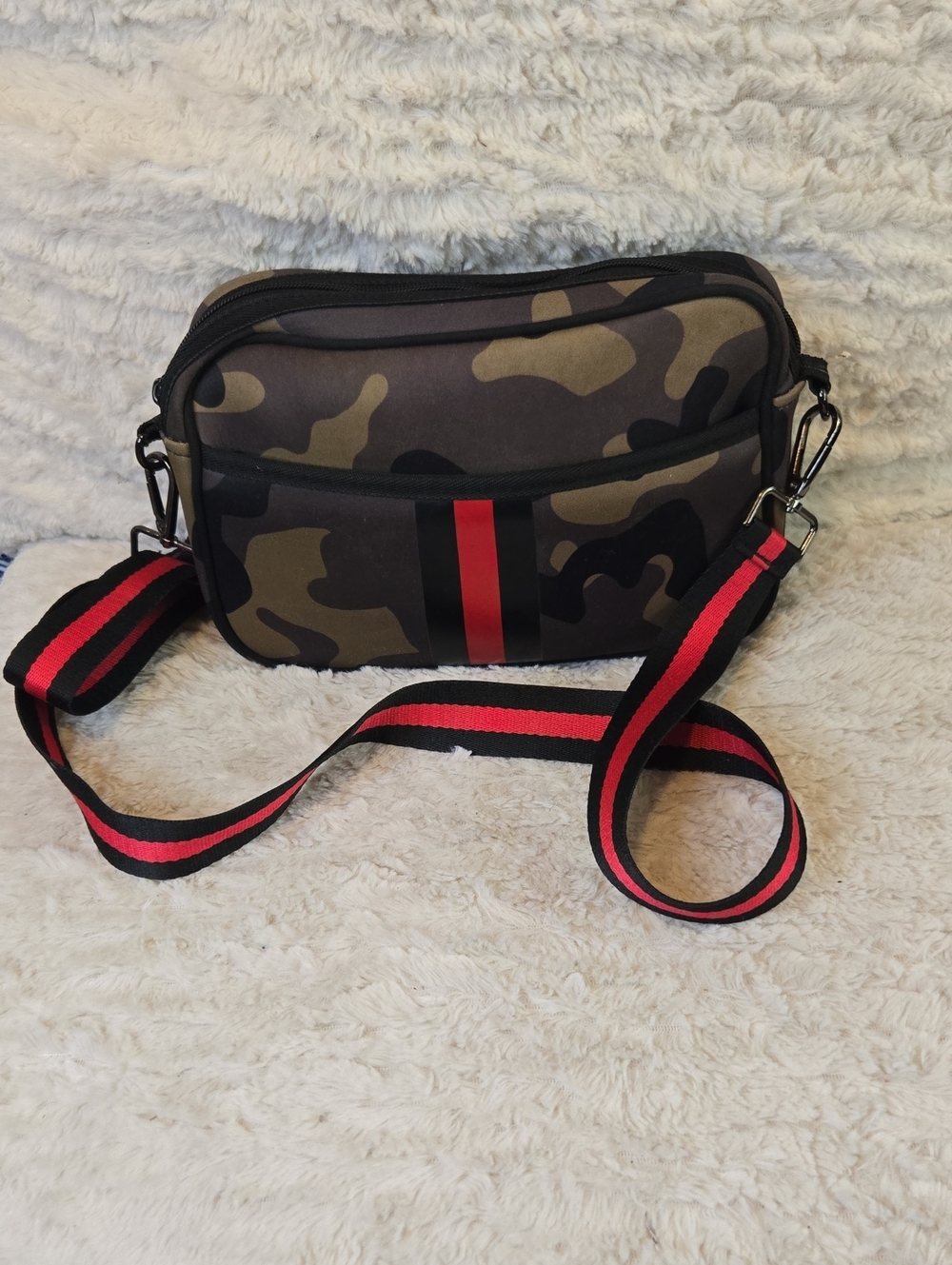 Camouflage Crossbody Bag with Red Accent